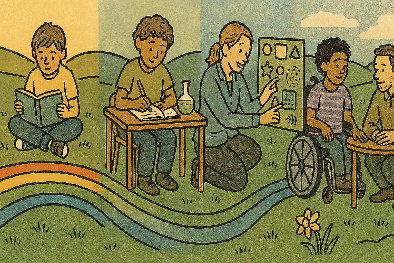 Five learners and teachers spaced across a Welsh hillside, connected by a winding rainbow path that signals one continuous 3 to 16 learning journey across foundation phase, primary, secondary, special schools and pupil referral units.