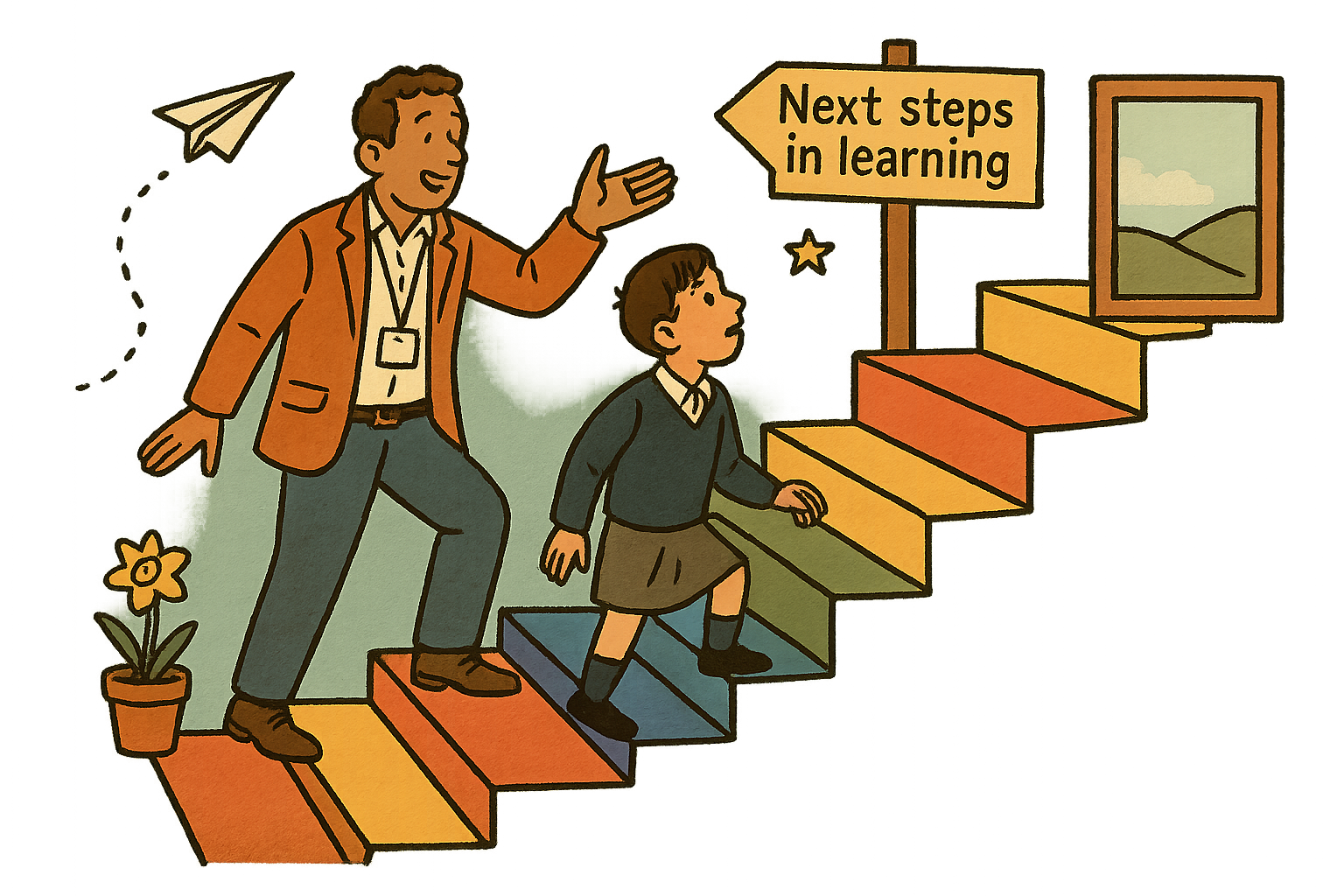 A teacher gestures encouragingly to a learner as they climb a rainbow staircase together, past a signpost reading 'Next steps in learning'.