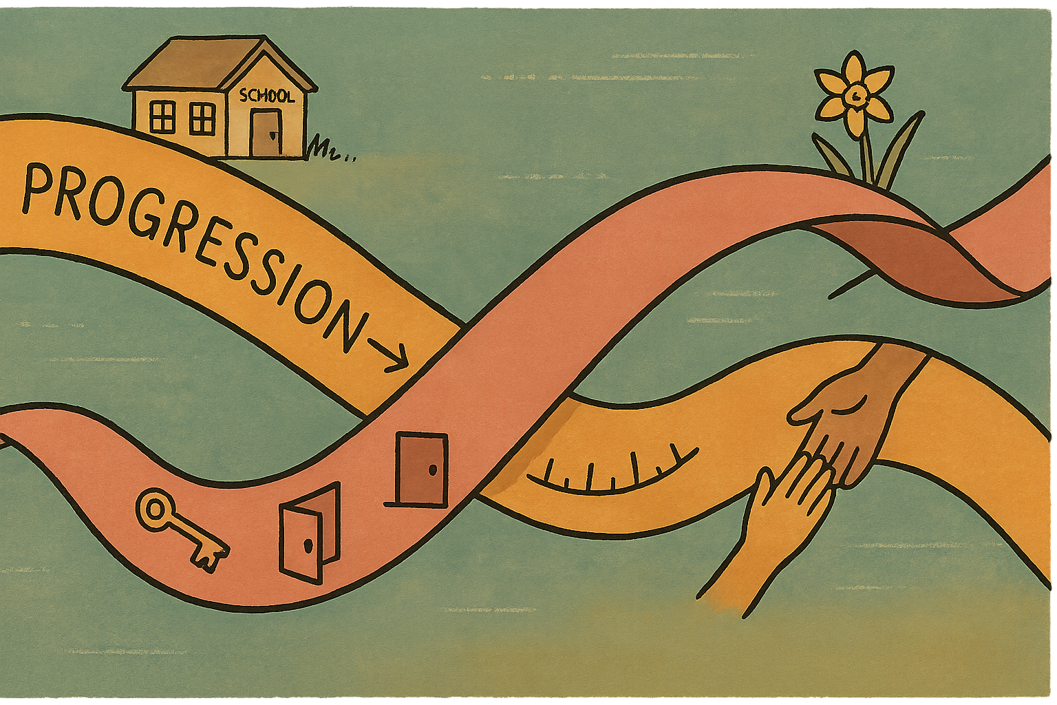 Two intertwined ribbons sweep across a school scene, an amber progression ribbon marked with a forward arrow, and a rose equity ribbon carrying a key, an open door and a helping hand.