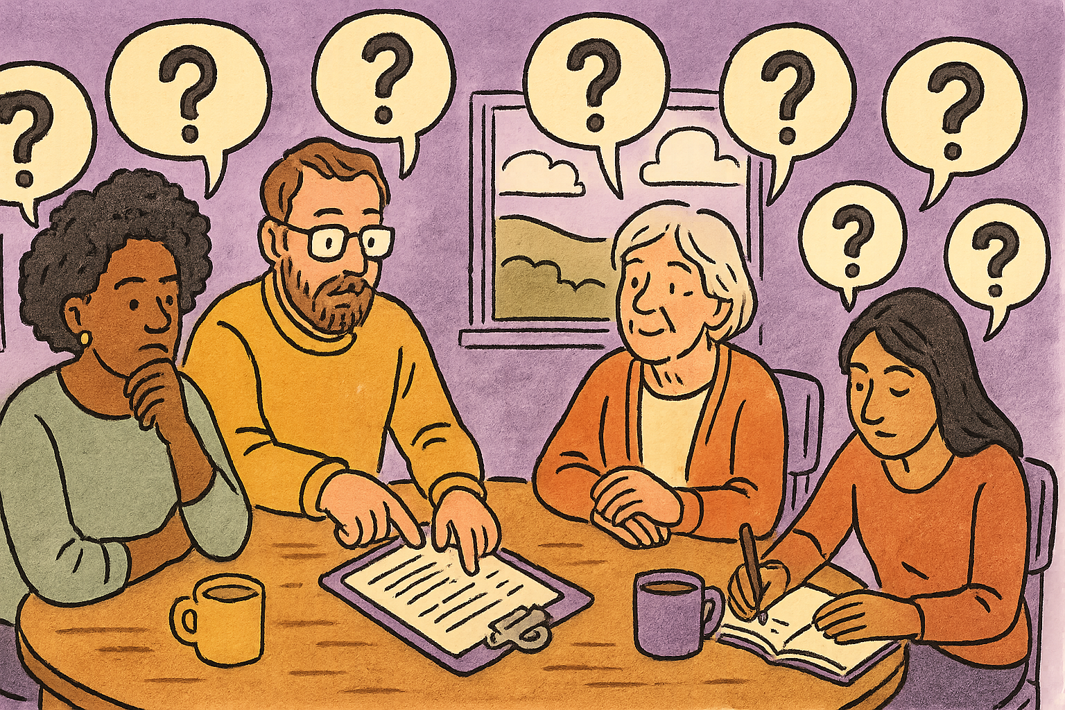 Four teachers sit around a wooden table reflecting together, a clipboard and mug of tea between them, with seven question-mark thought bubbles floating above.